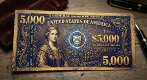 Glittery decorative ,000 bill prop with a crowned woman, ornate blue and gold design, on a wooden desk with a fountain pen nearby.