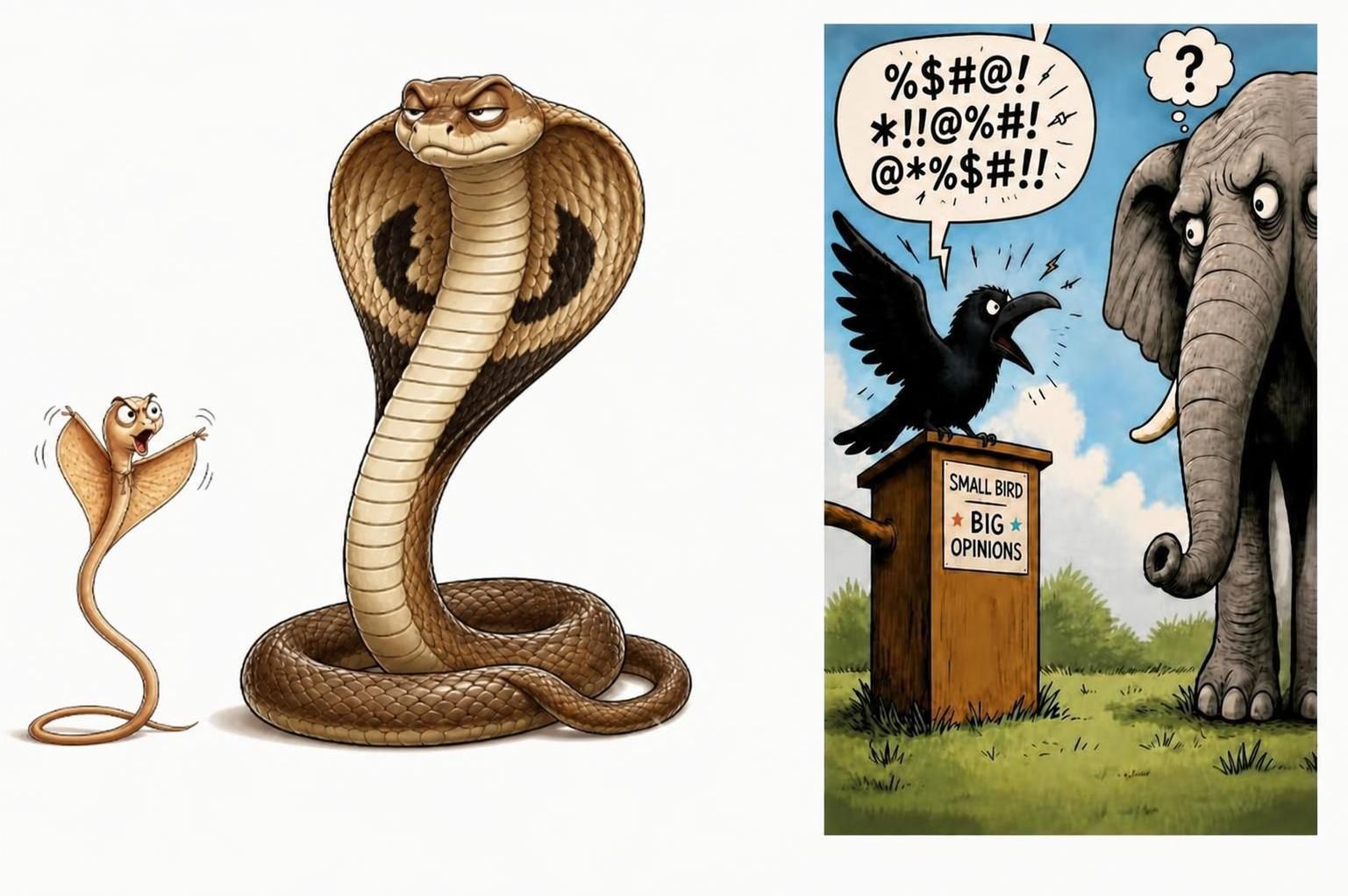 Left: a large coiled cobra facing a small, animated fluttering insect with an alarmed expression. Right: a crow on a podium labeled 'Small Bird, BIG OPINIONS' argues with a surprised elephant; speech bubble filled with symbols.
