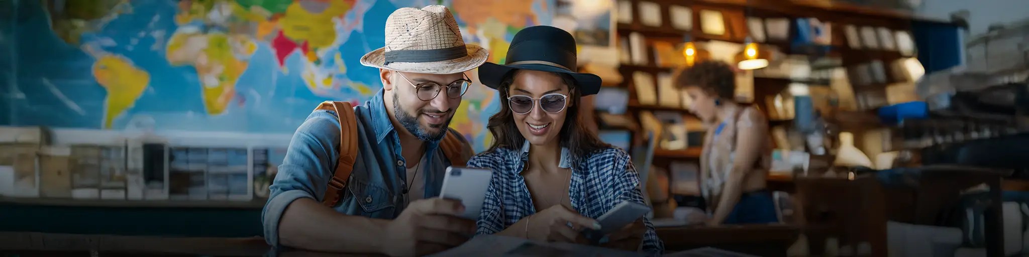 A couple on vacation, likely in a cafe or travel agency, using their smartphones for planning or sharing their travel experiences.