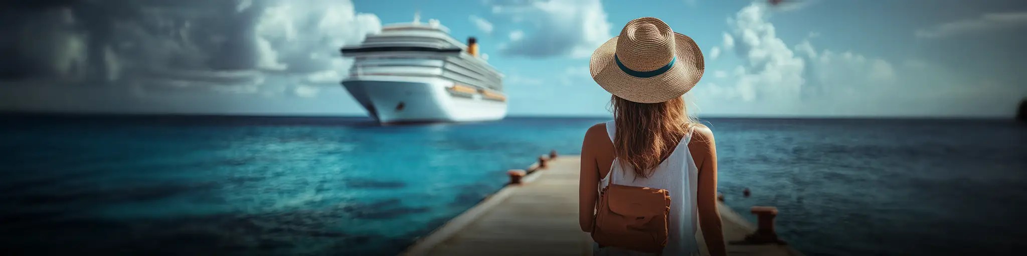 A woman standing on a pier, looking towards a large cruise ship anchored in the water.