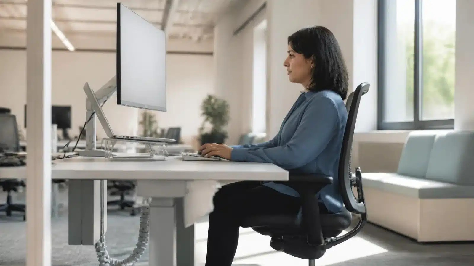 Poste de travail informatique aménagé avec écran positionné en hauteur et mobilier ergonomique, illustrant l'interaction entre état de santé et environnement de travail.