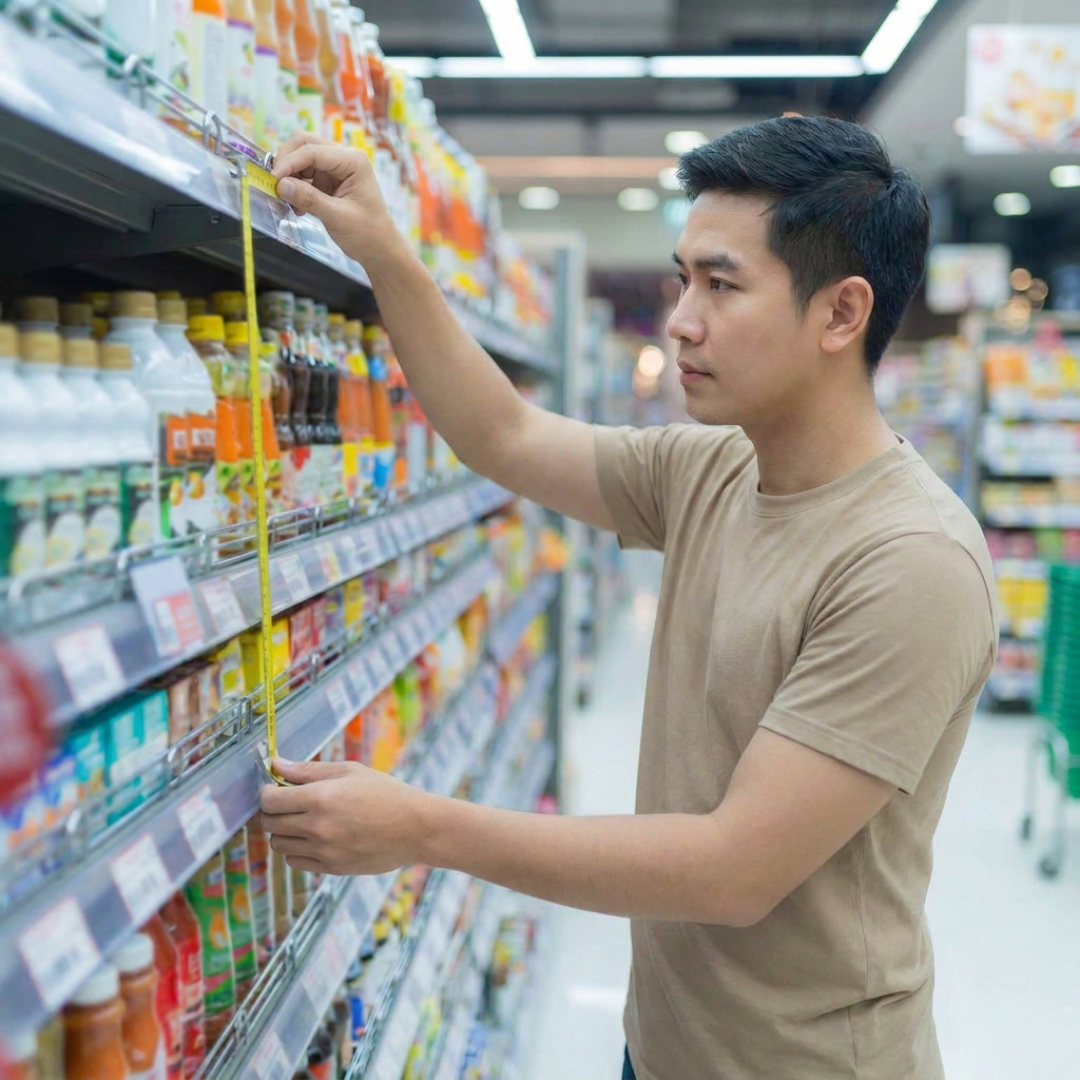Asian man measures a shelf using a measuring tape in a supermarket aisle.