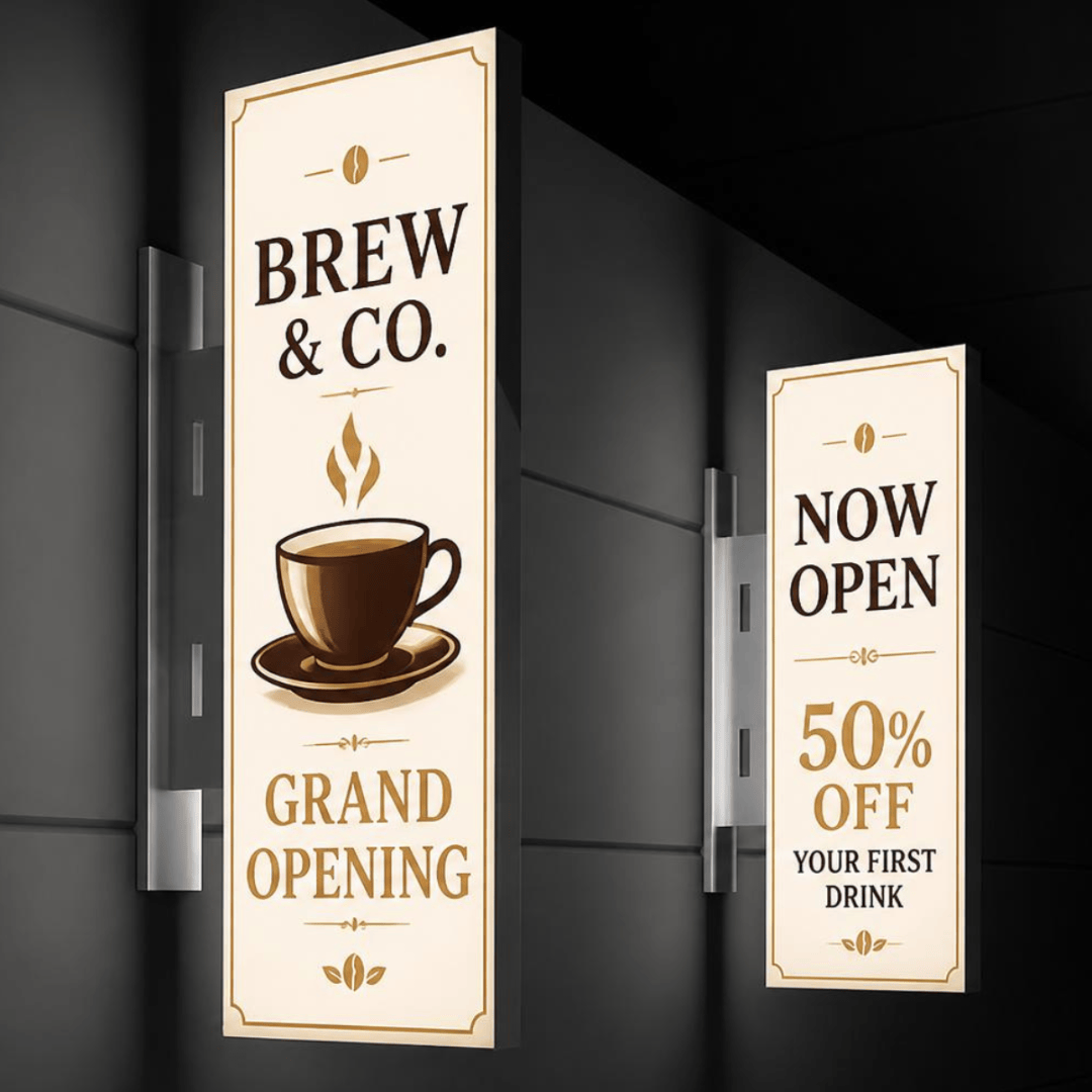 Two signs for Brew and Co are displayed on a wall.