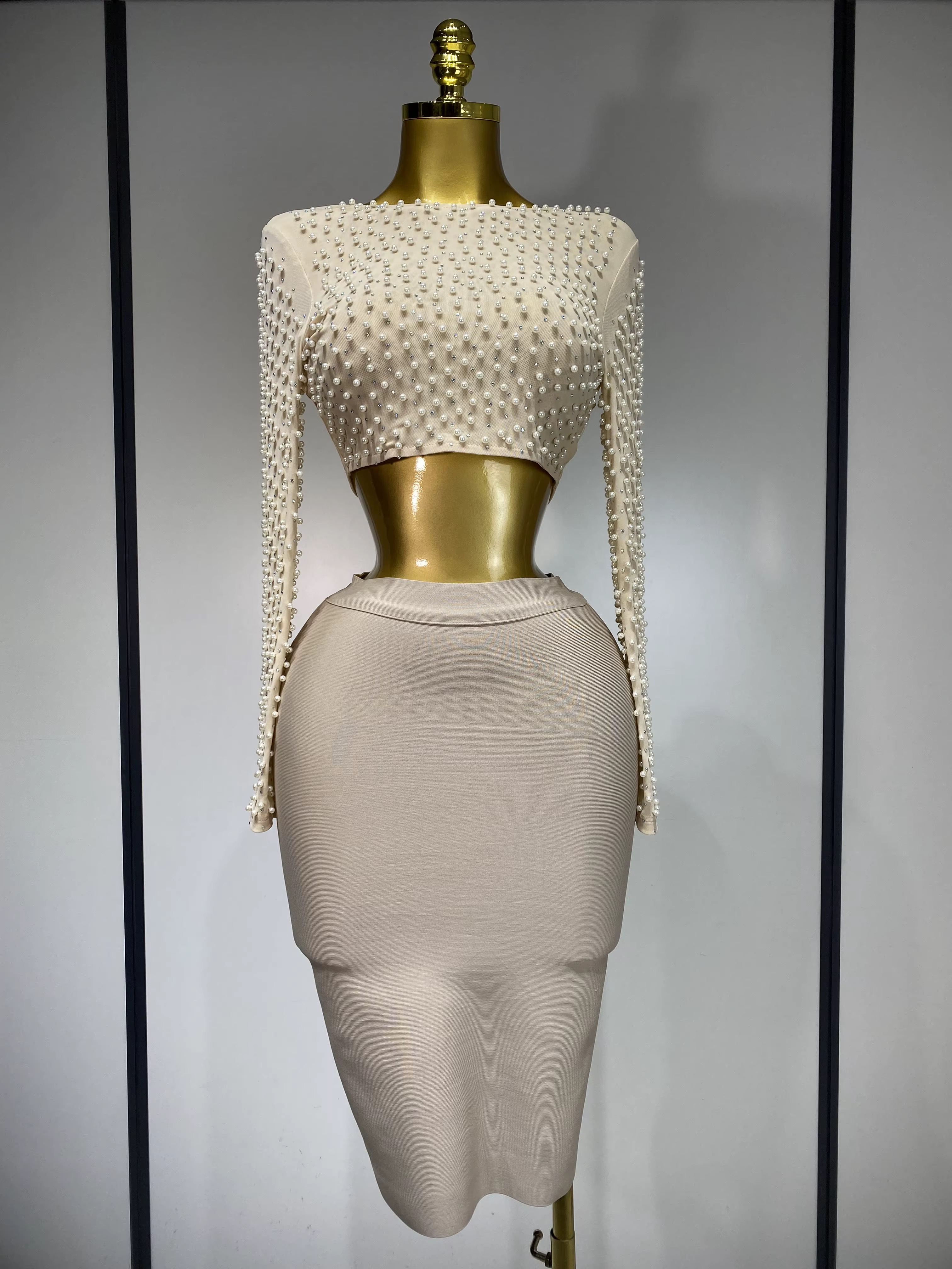 Pearl Embellished Long-Sleeve Crop Top & Midi Skirt Set
