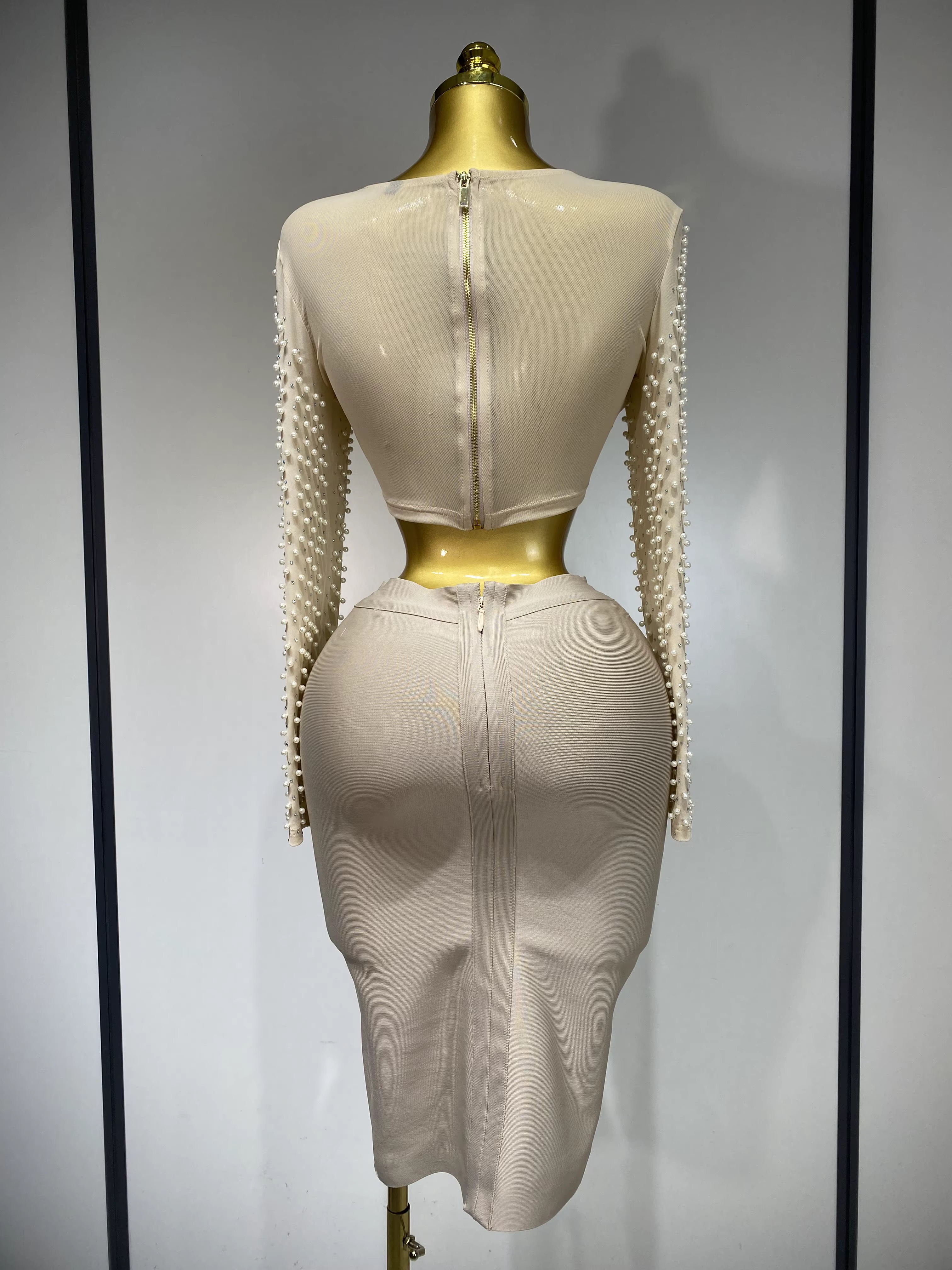 Pearl Embellished Long-Sleeve Crop Top & Midi Skirt Set