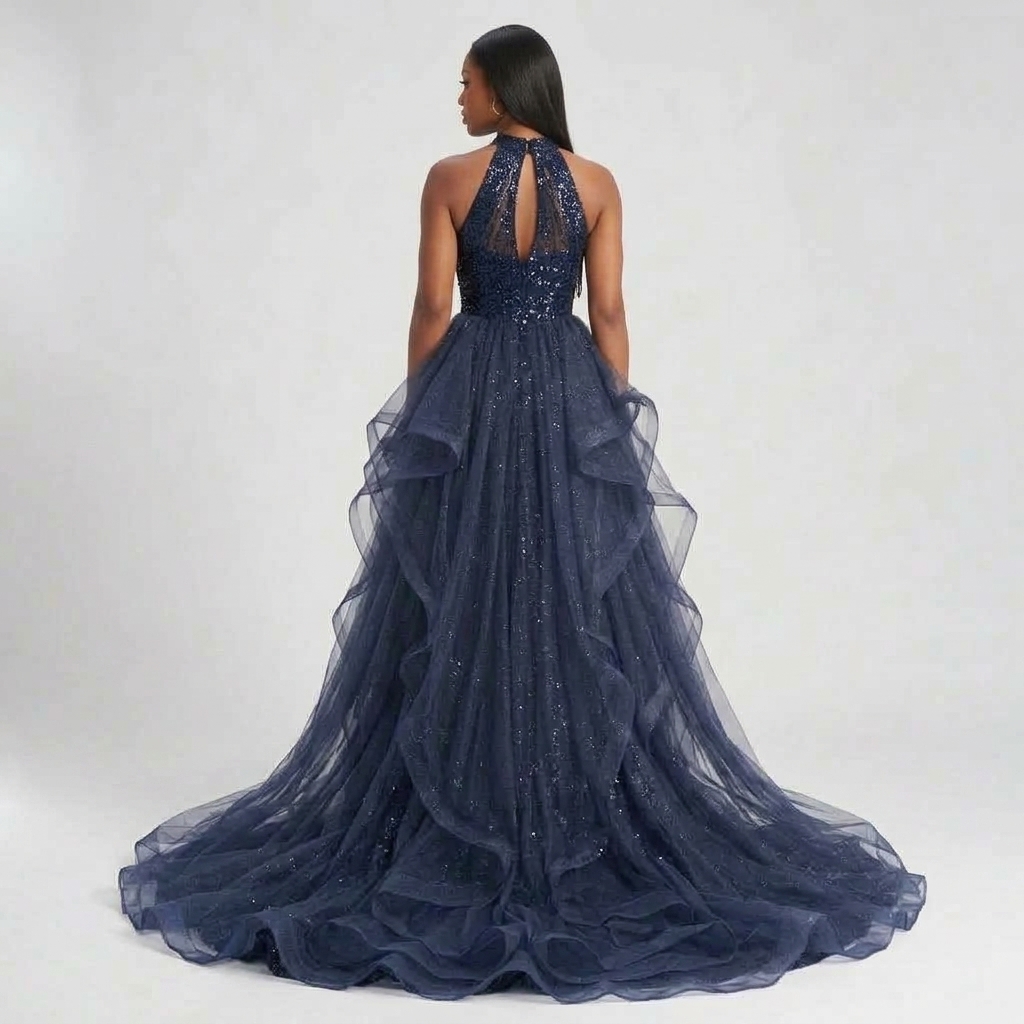 SAPA WOMEN Midnight Navy Sequin Halter Gown with Layered Tulle Train