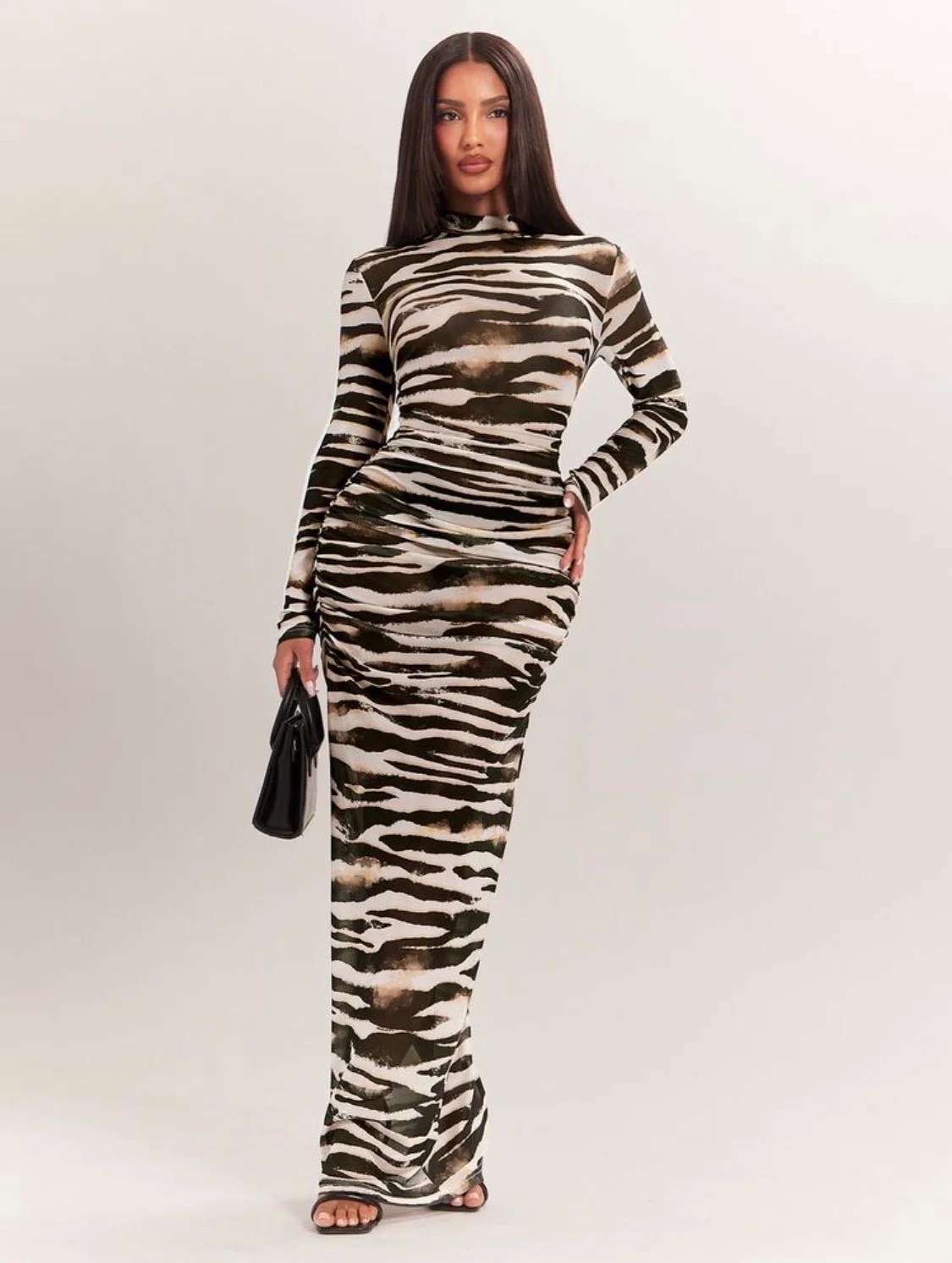Abstract Zebra Print Long Sleeve Maxi Dress