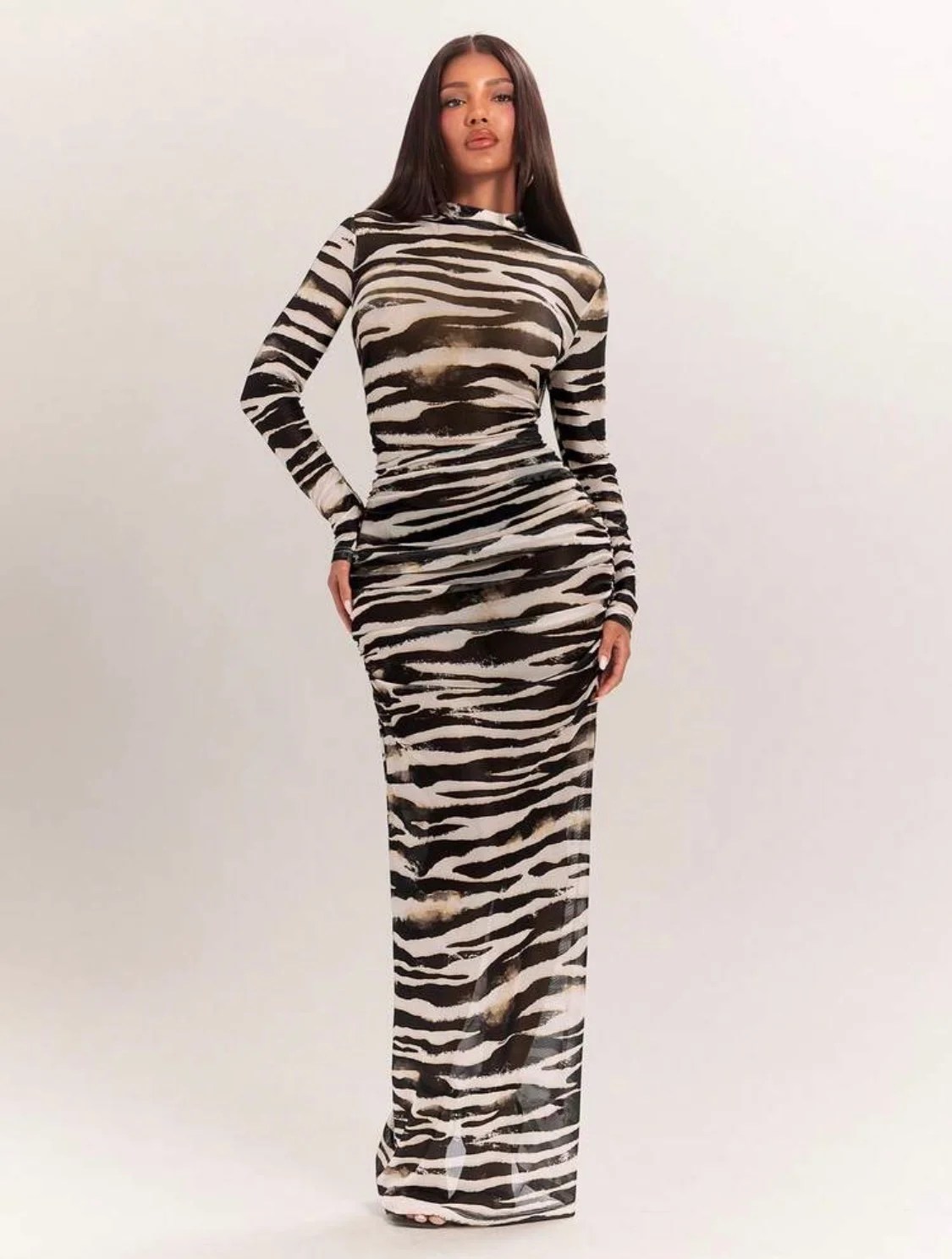 Abstract Zebra Print Long Sleeve Maxi Dress
