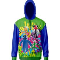 Suéter azul y verde para niño con personajes de Rainbow Friends impresos al frente.