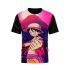 Franela para niño de One Piece con diseño de Luffy, mangas negras y fondo rosa y morado.
