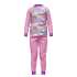 Pijama rosa para niña de Hello Kitty con estampado espacial, arcoíris y nubes en la blusa y mangas largas.