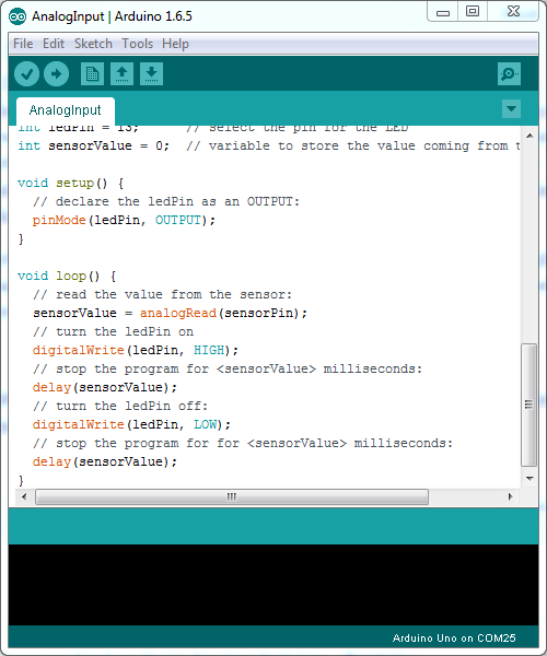 mengukur tegangan analog dengan pin analog arduino - contoh program analoginput