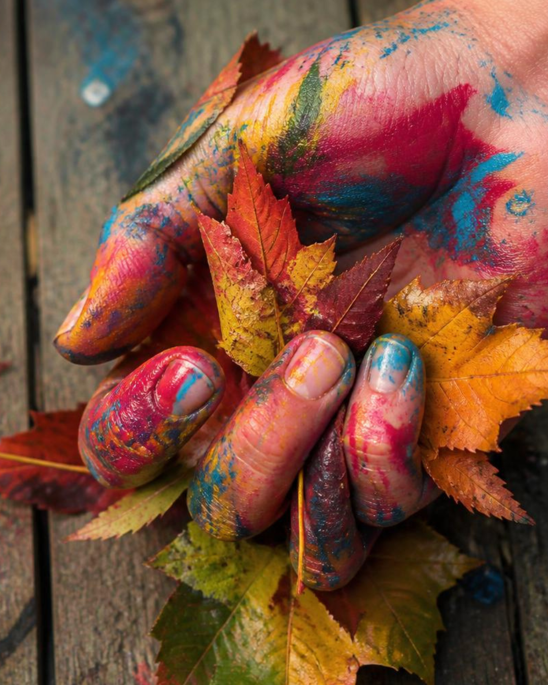 Image of a hand holding painted leaves