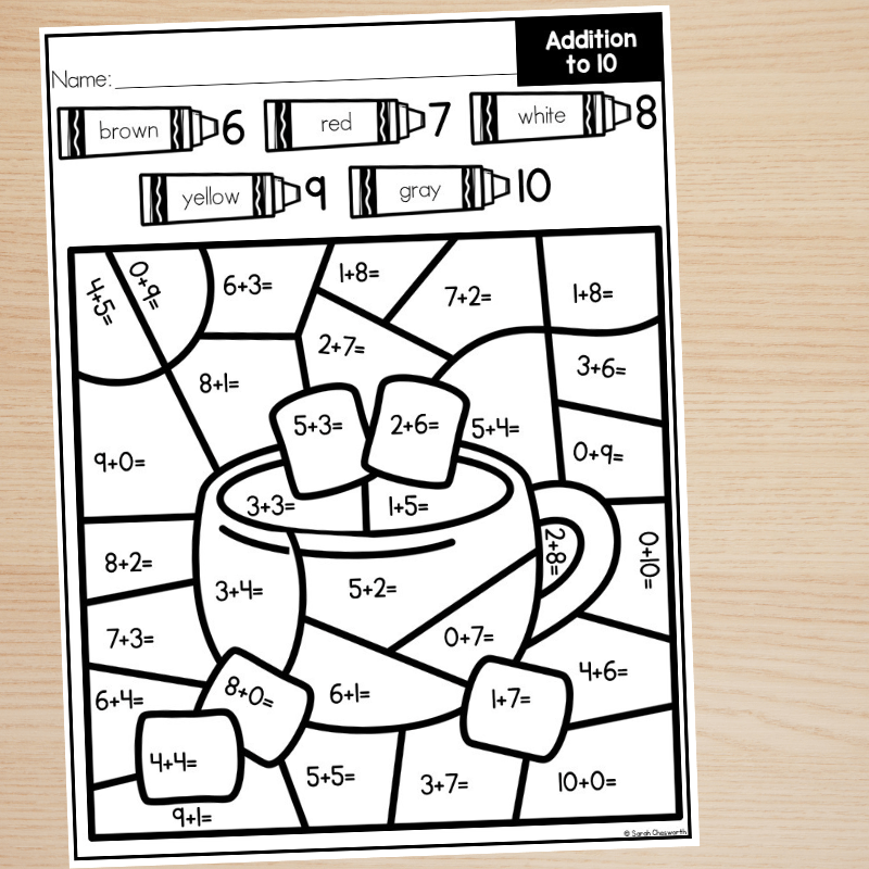 Addition color by number worksheets for kindergarten