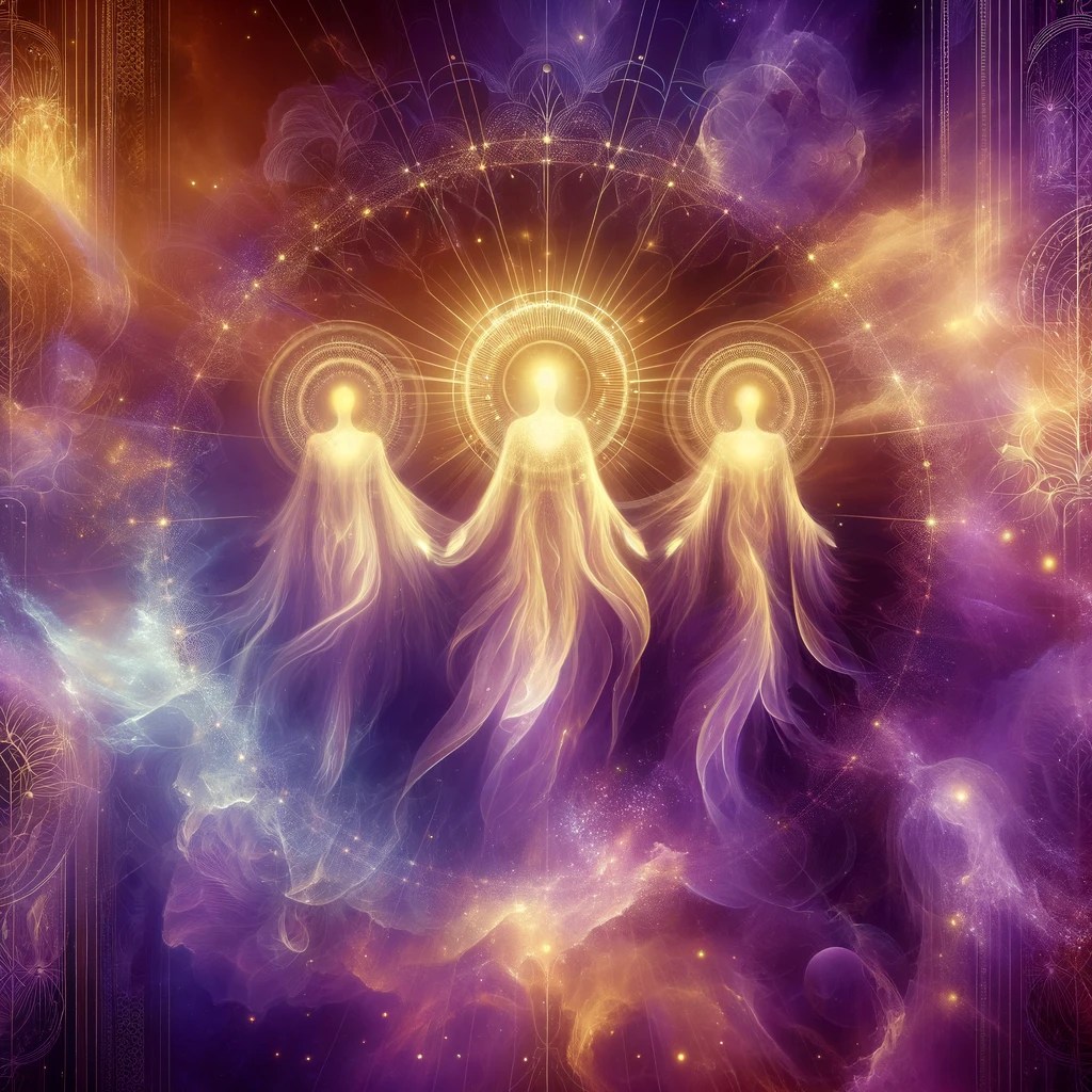spirit guides in a setting that’s imbued with the colors of purple and gold, conveying a sense of spiritual guidance and serenity.