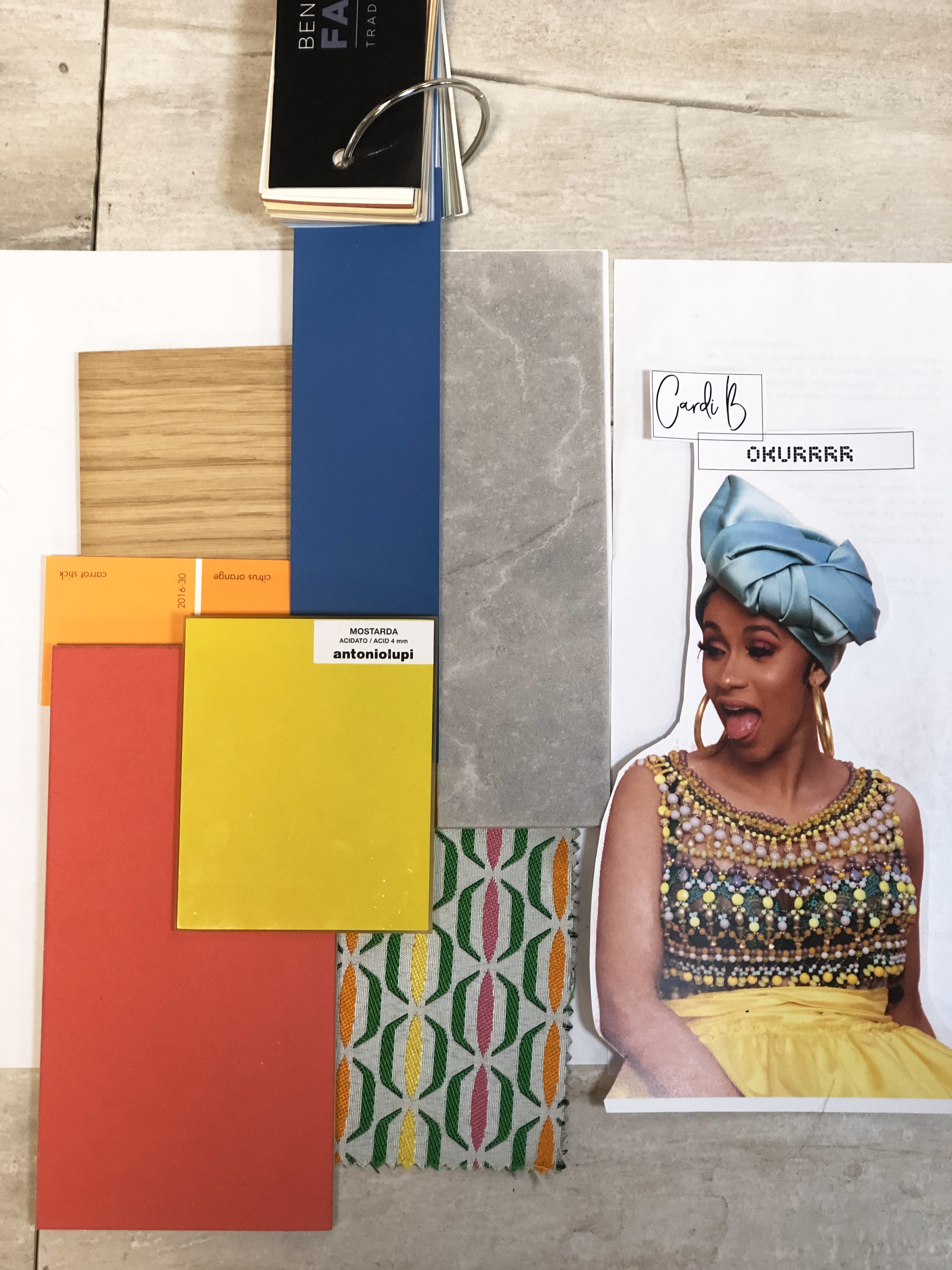 Interior design moodboard exploring colour theory, materiality, textures and colour harmonies.