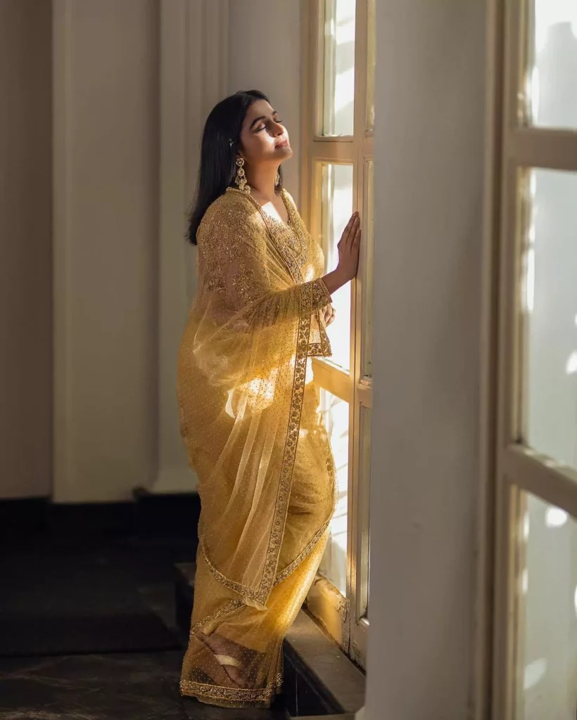 ramya nambeessan - yellow golden netted saree