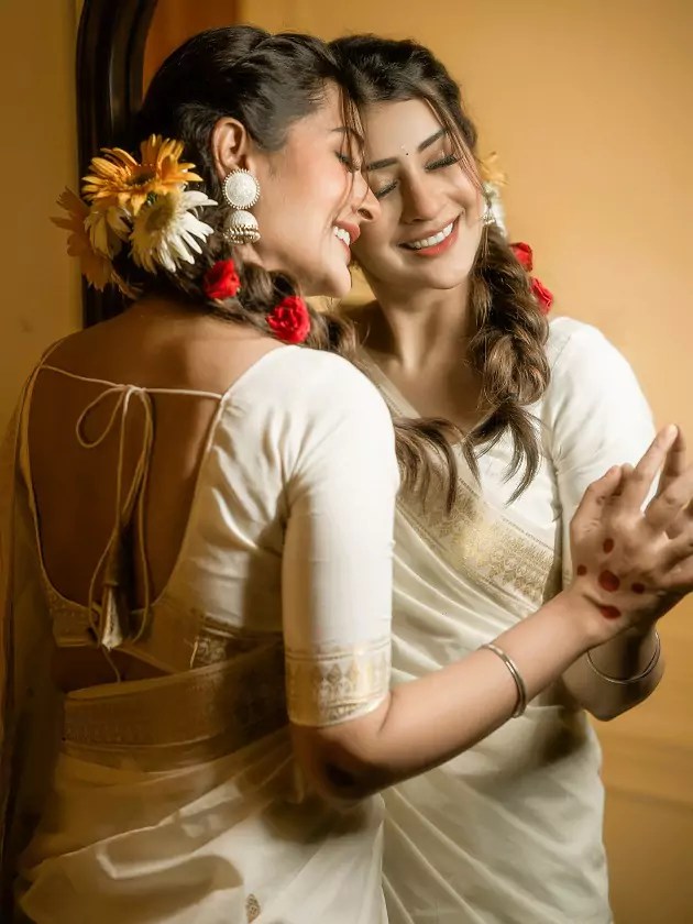 Paayal Rajput in close-up shot wearing a white saree, symbolizing purity for Maa Brahmacharini.