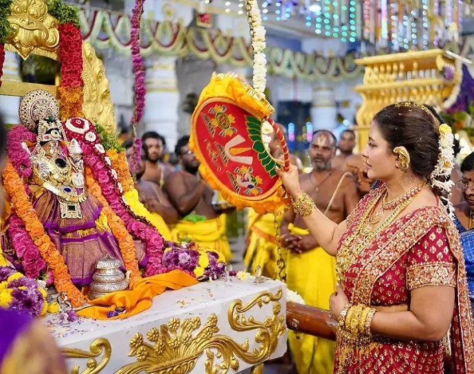 Sudha Reddy offering prayers at the Sri Bhu Sametha Venkateswara Swamy Temple.