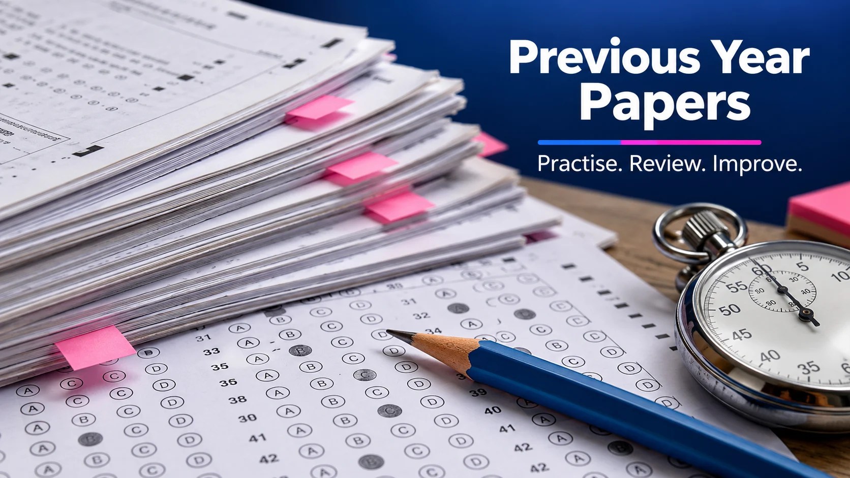 Previous Year Papers: Dynamic close-up real photograph of a stack of exam question papers fanned out, multiple-choice bubble answer sheet in foreground, sharpened pencil and mechanical stopwatch