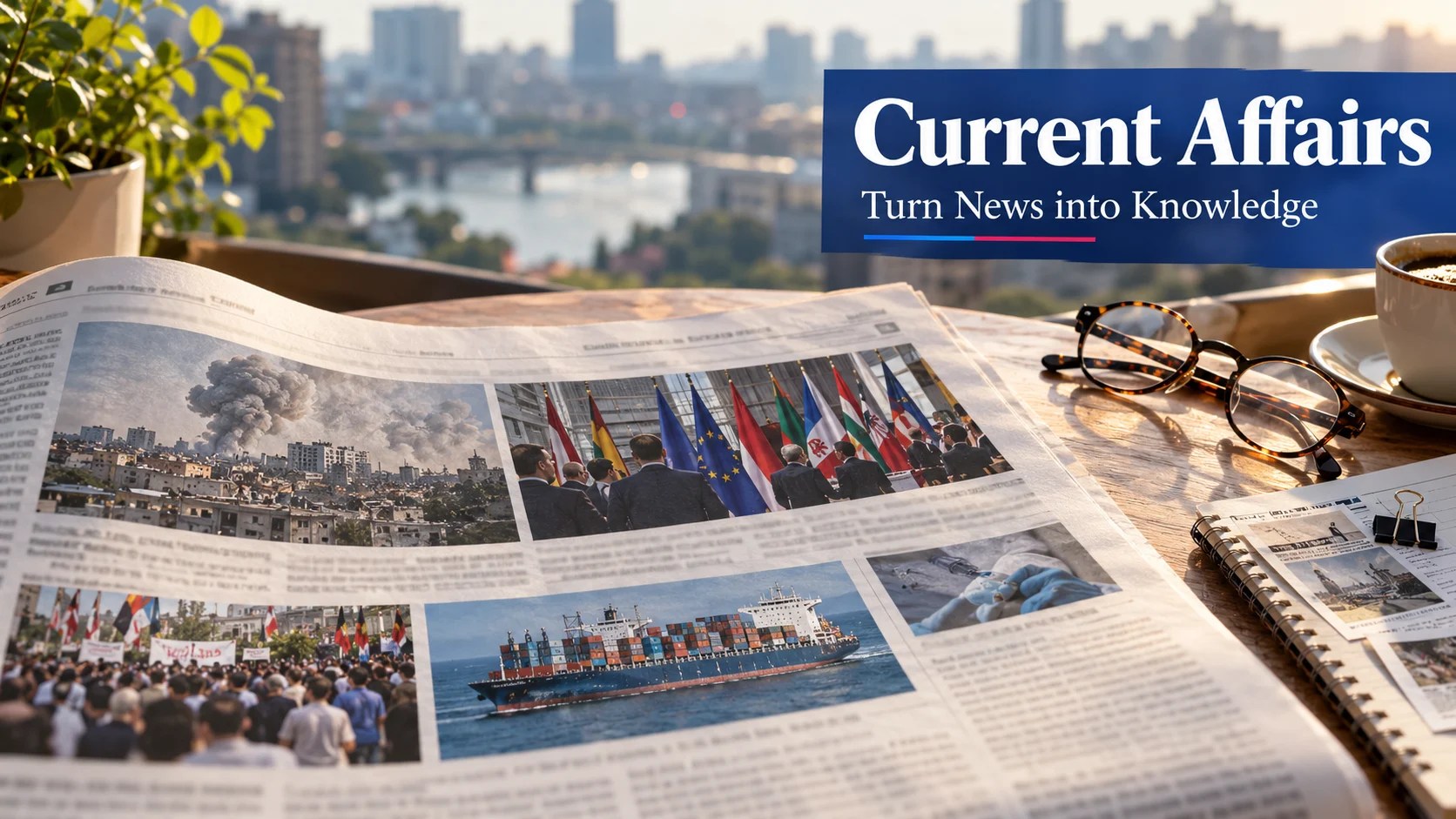 Current Affairs: Authentic editorial photograph of an open broadsheet newspaper with international news photo panels on a small wooden cafe table beside a folded pair of glasses and notebook containing clipped news snippets