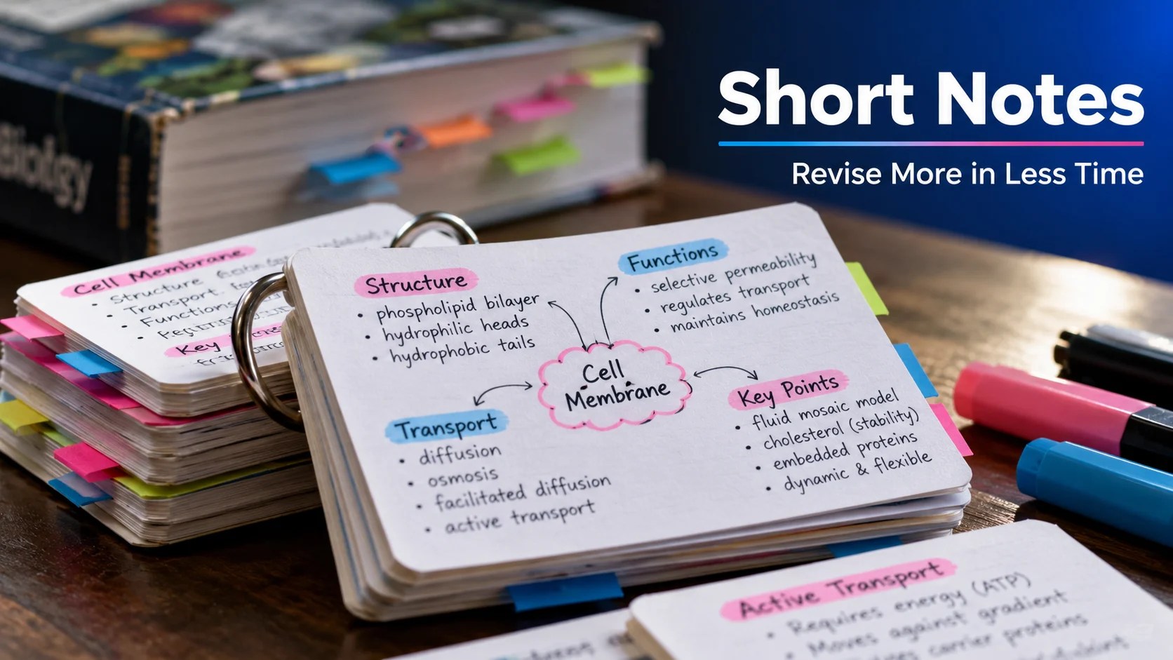 Short Notes: Extreme close-up real editorial product photograph of a compact ring-bound stack of handwritten revision flashcards, one card opened showing a simple hand-drawn mind map, pink and blue highlights, colorful page tabs