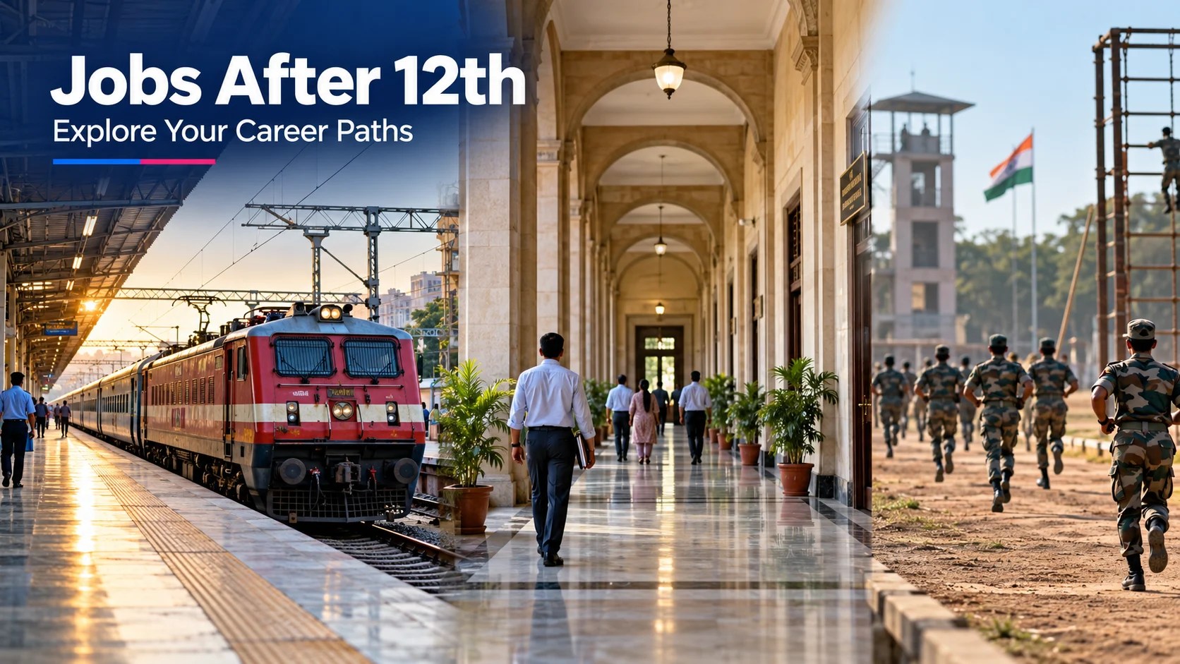 Jobs After 12th: Premium realistic photographic triptych without thick borders: one railway train at an Indian station, one generic government office corridor, and one defence training ground with distant anonymous trainees
