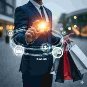 Young professional holding a glowing credit card surrounded by cashback and shopping icons”