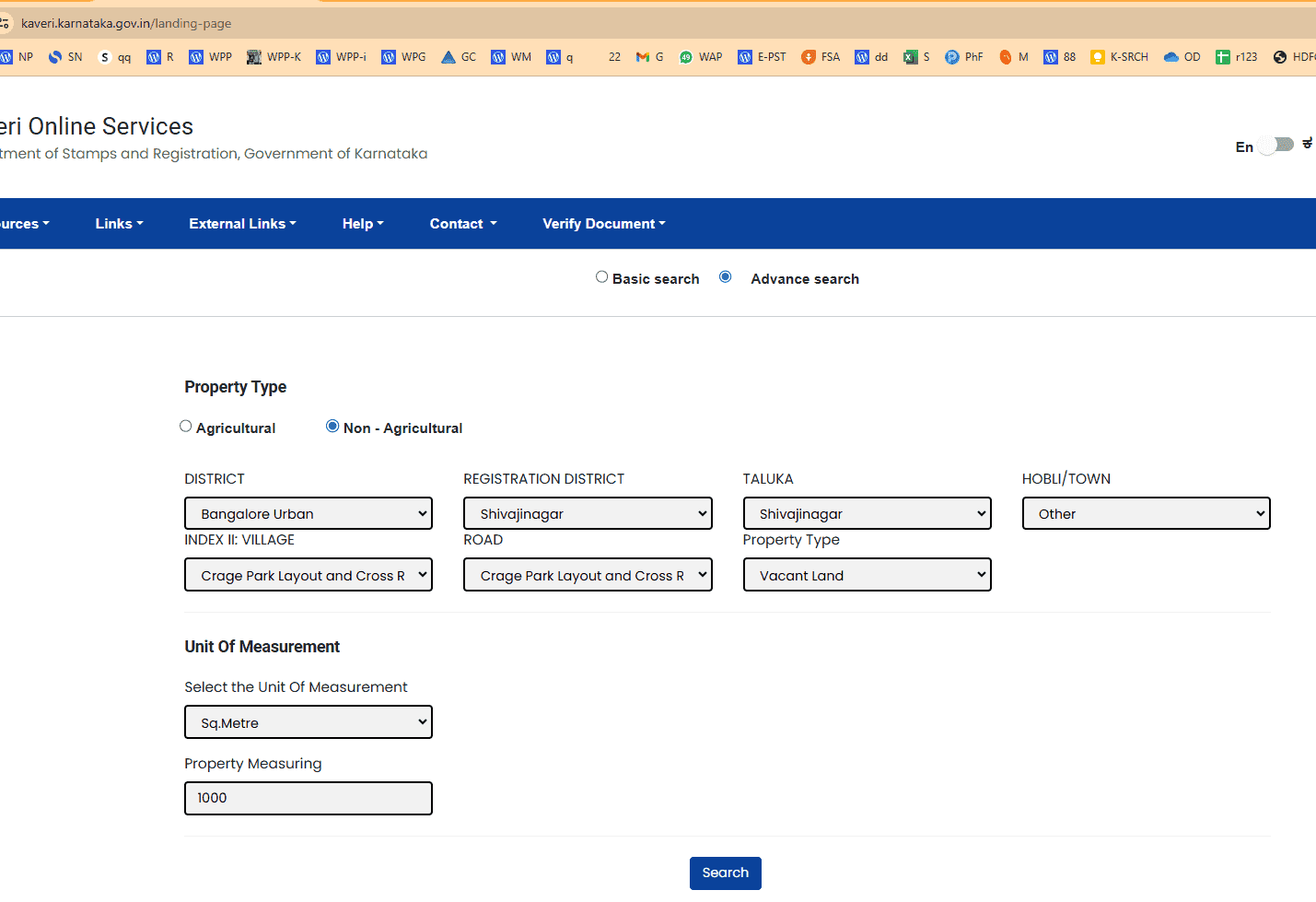 Screenshot of the Kaveri Online Services portal for property registration, showing various fields for property type, district, and measurement units.