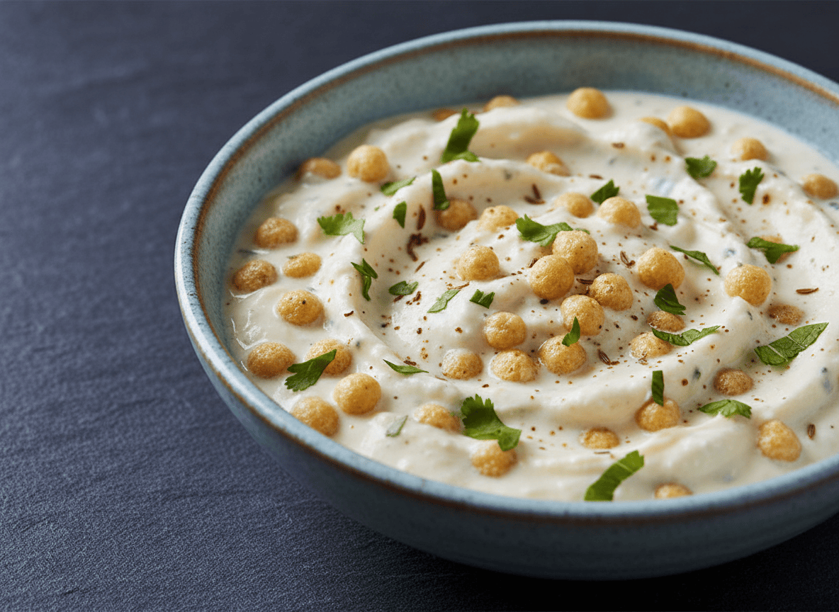 Boondi Raita served in a bowl.