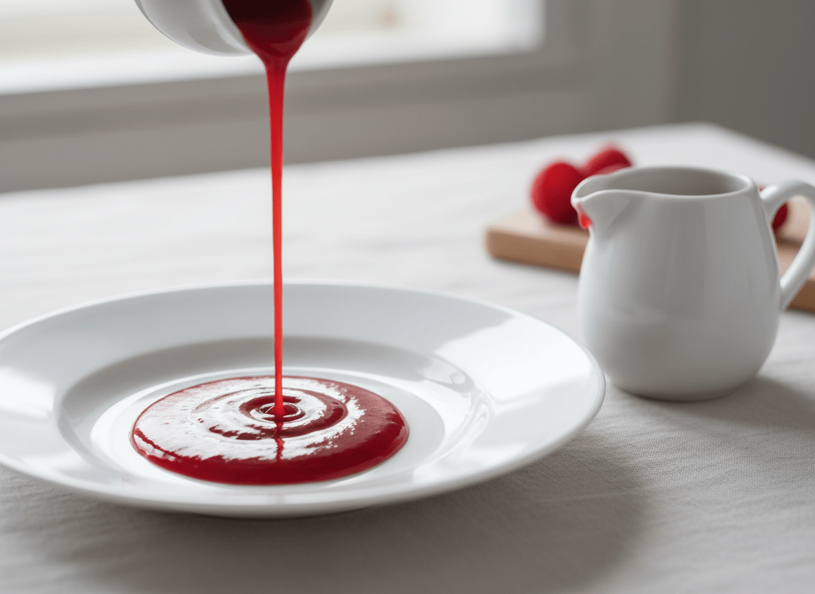 Smooth red berry coulis poured beside a spoon on a white dessert plate.