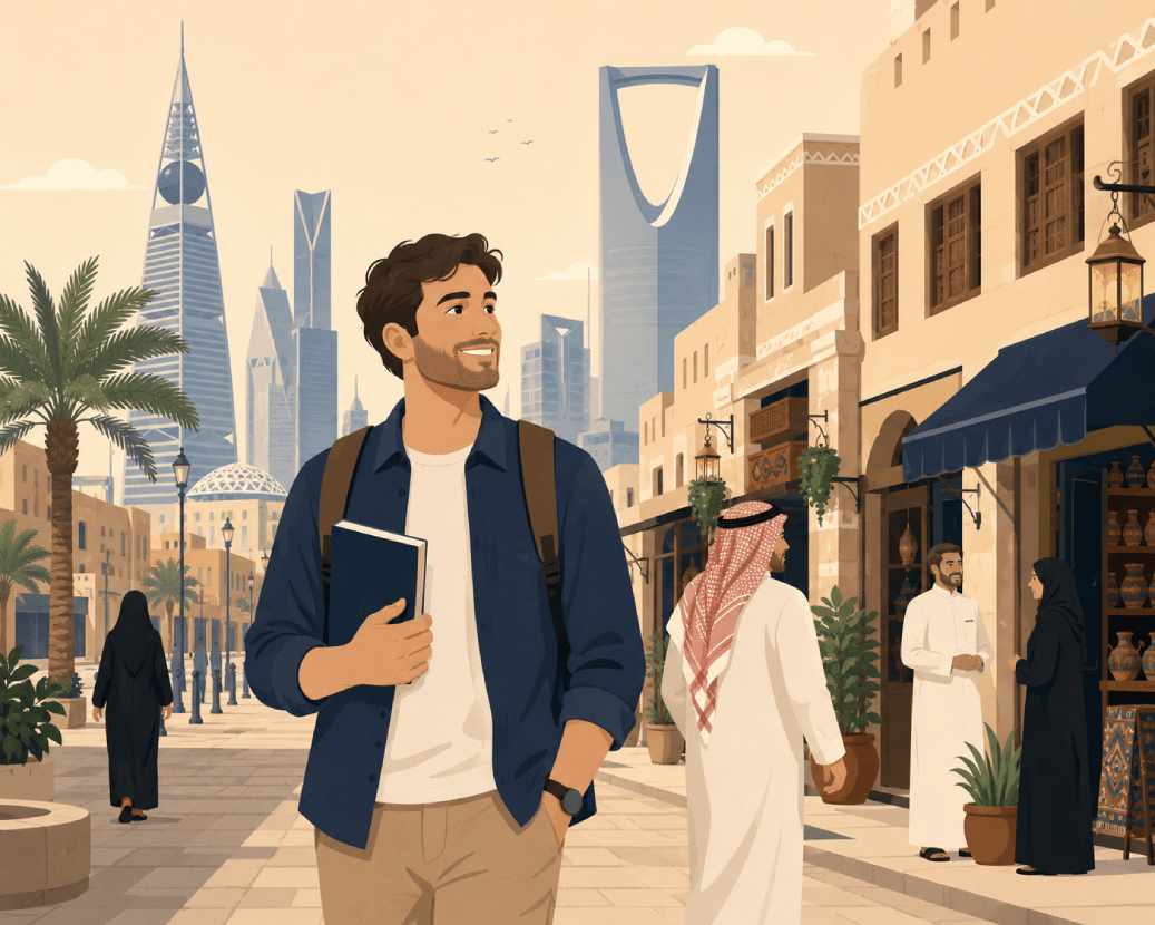 Expat learning Saudi Arabic while walking through a Riyadh city street with traditional shops and modern skyline, Saudi dialect language learning in Saudi Arabia