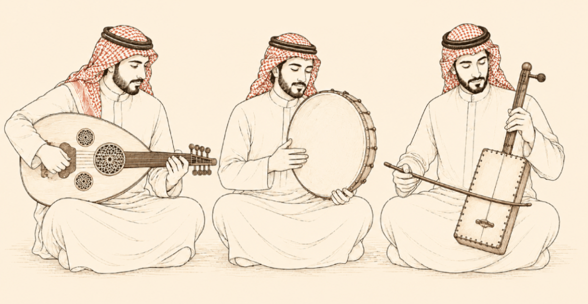 Traditional Saudi musical instruments illustration featuring three Saudi musicians wearing red-and-white shemaghs and white thobes. One plays an oud, one plays a dufuf frame drum, and one plays a traditional rababah. Vintage line-art style on a warm beige background with the title “Saudi Musical Instruments.”