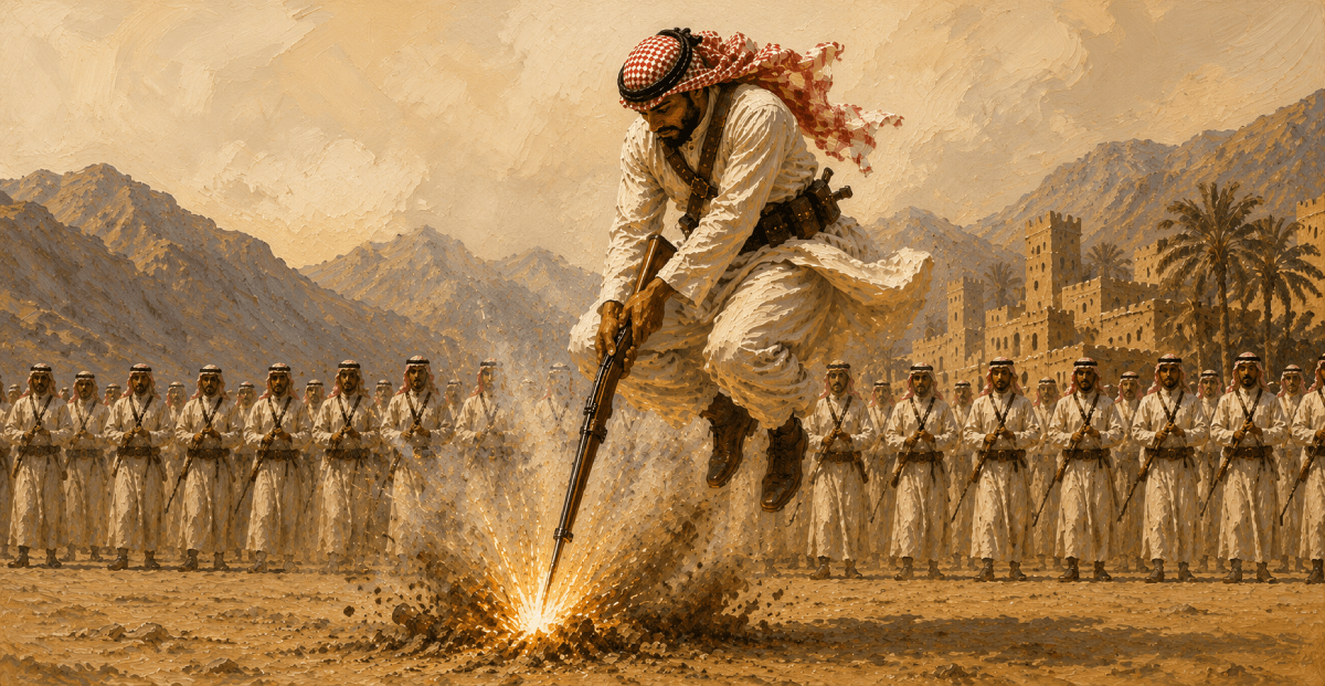 Illustration of a Saudi performer performing the traditional Al-Tashir Hijazi dance, leaping while firing a rifle toward the ground during a cultural heritage celebration in western Saudi Arabia.