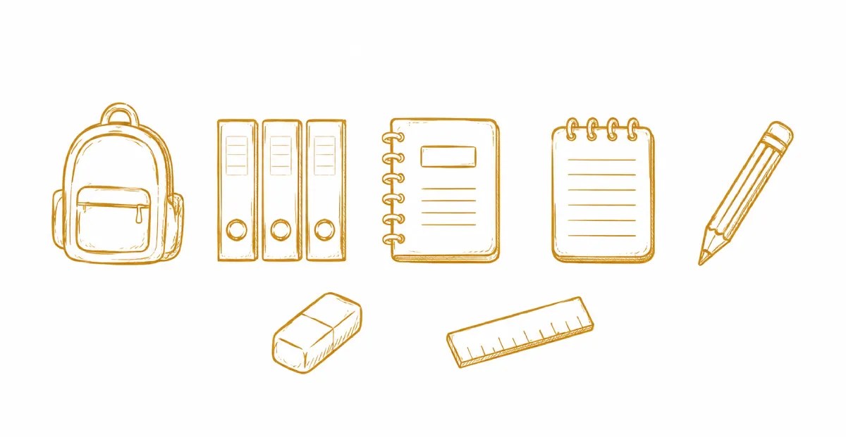 School supplies sketch featuring a backpack, binders, notebooks, pencil, eraser, and ruler in gold line art on a clean white background.