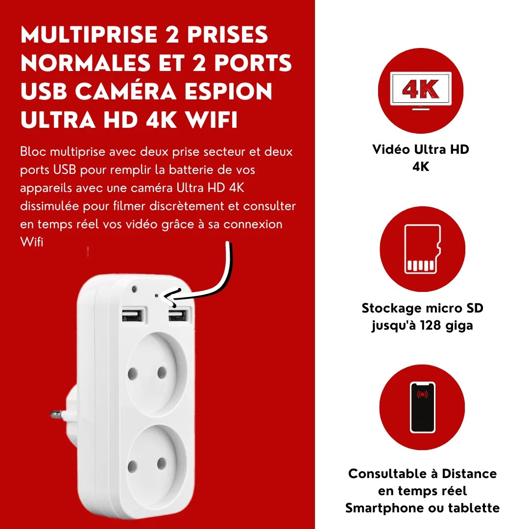 Multiprise Camera Espion 2 prises Ultra HD 4K Wifi - SAURON SECURITE
