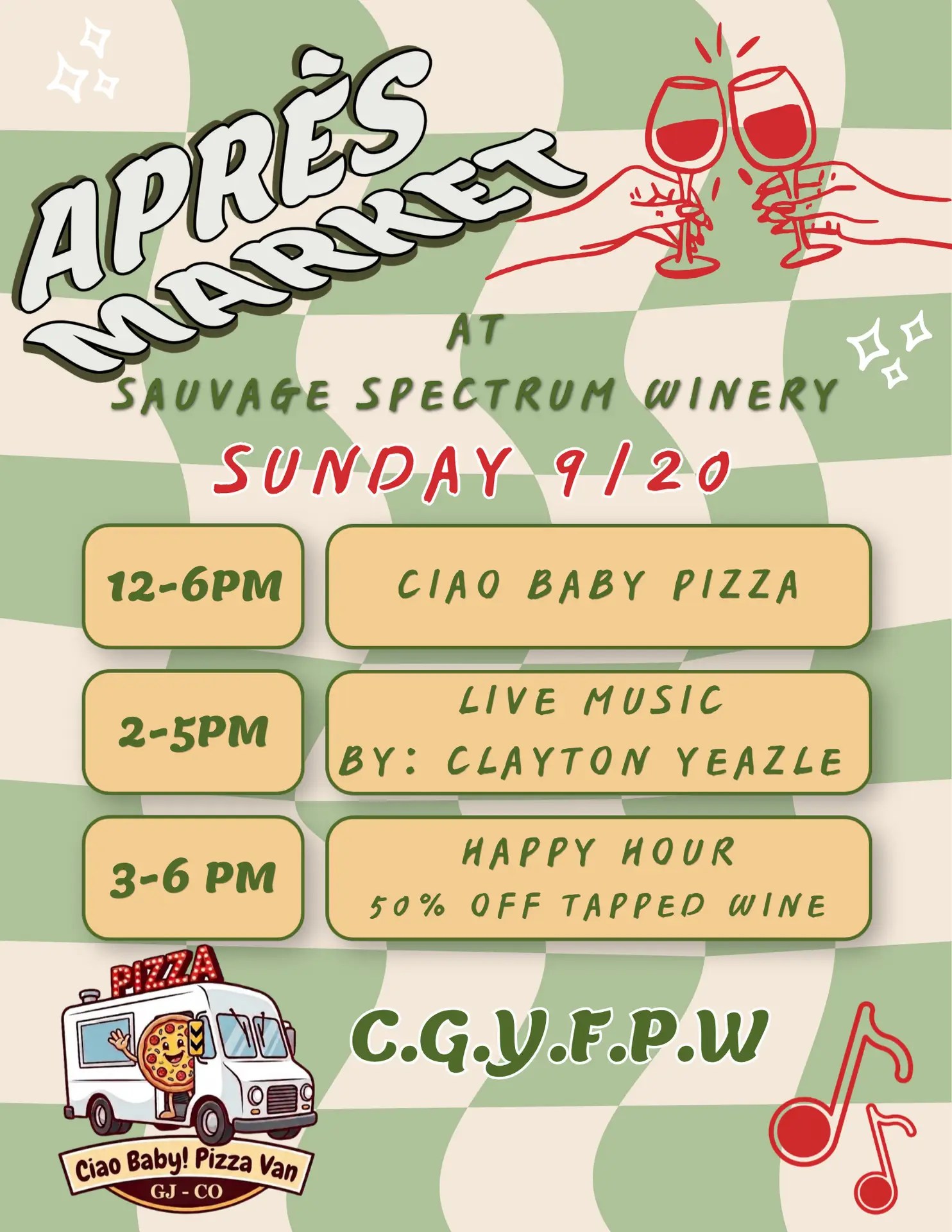 Poster for Après Market at Sauvage Spectrum Winery on Sunday, 9/20. Features event times, live music, happy hour, and a pizza van. Background has green and white wavy stripes, wine glasses, and music notes.