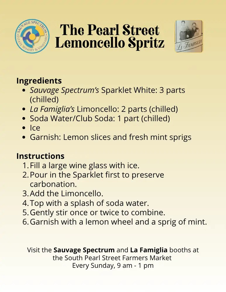Recipe flyer for The Pearl Street Lemoncello Spritz, listing ingredients, step-by-step instructions, and booth info for Sauvage Spectrum and La Famiglia at the South Pearl Street Farmers Market.