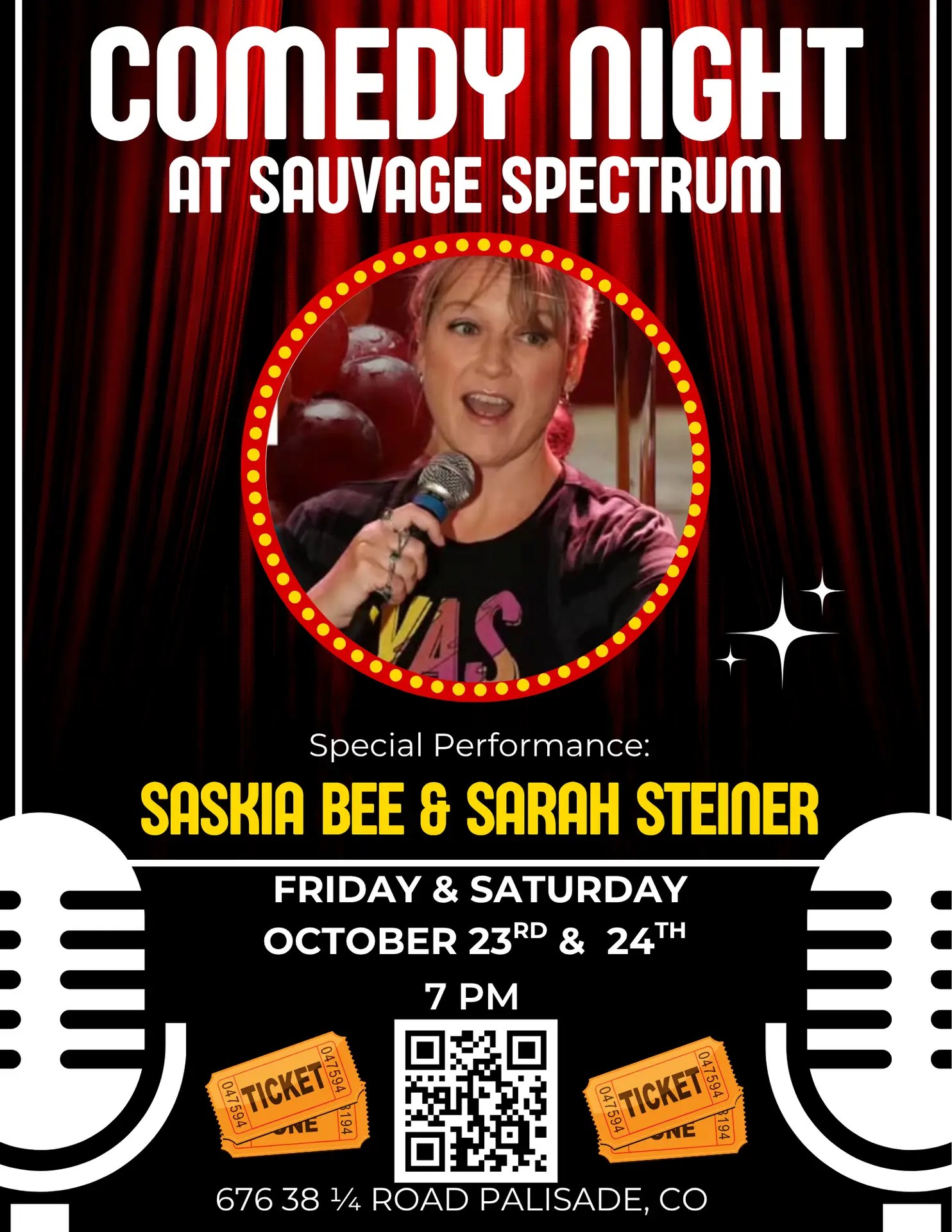 Comedy Night at Sauvage Spectrum on October 23rd and 24th at 7 PM, featuring Saskia Bee and Sarah Steiner at 676 38 1/4 Road, Palisade, CO, with a QR code for tickets.