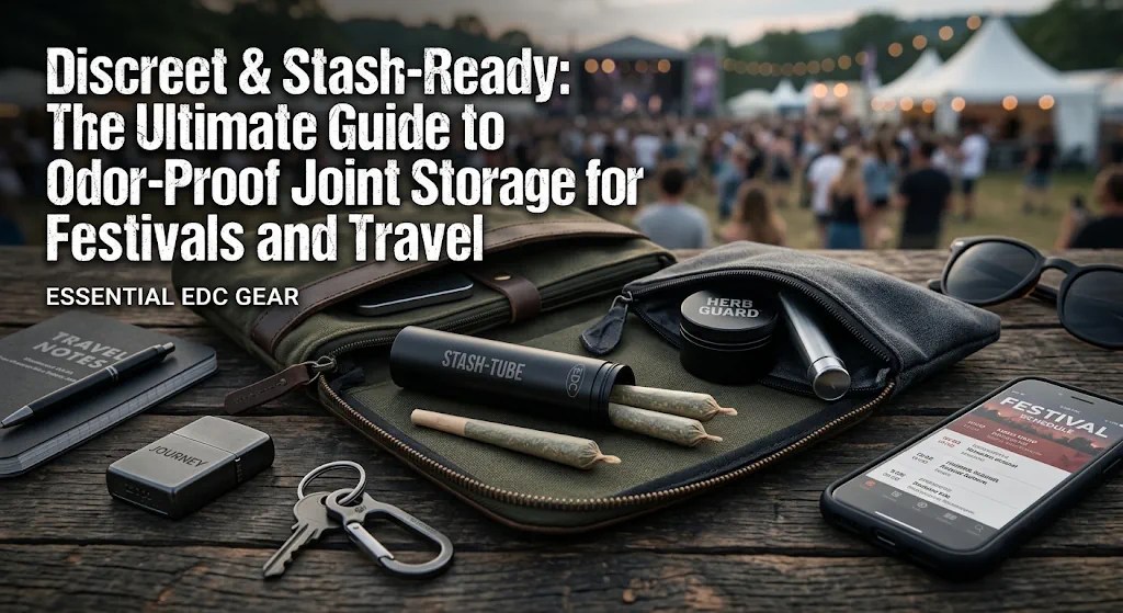 Odor-proof joint storage tube and festival EDC gear neatly arranged on a wooden table with a blurred festival in the background.