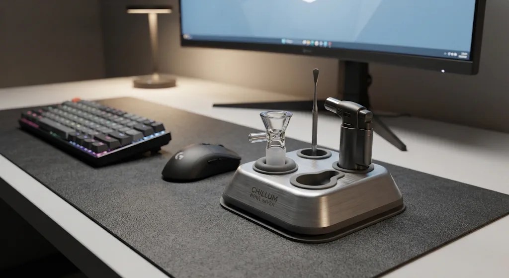 A stable, non-slip dedicated bowl stand on a minimalist gaming desk setup protecting glass pieces from tip-overs and spills.