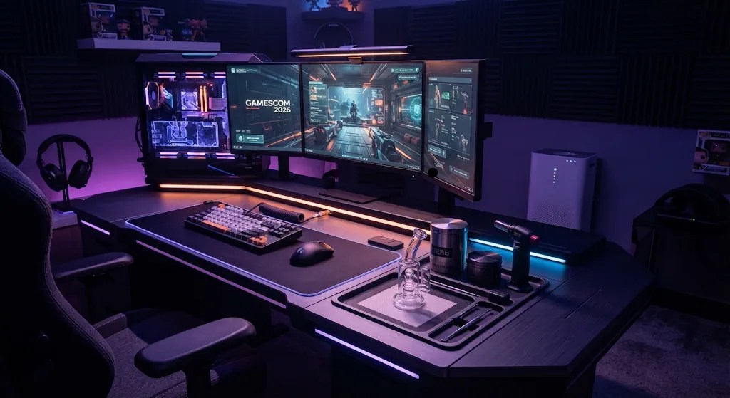 High-tech gaming battlestation and optimized smoke station setup for Gamescom 2026 featuring multi-monitor displays, custom RGB lighting, and an organized minimalist accessory tray.