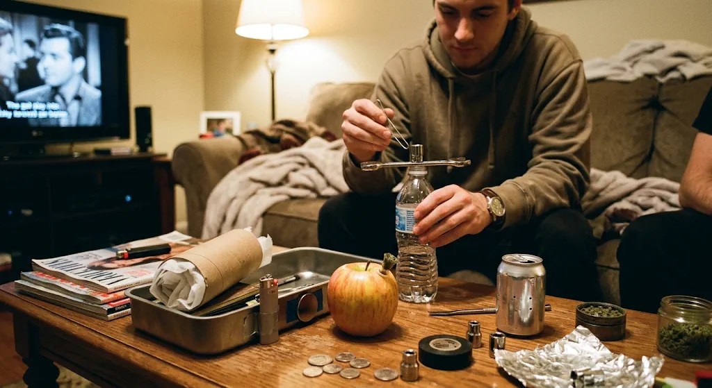 A person sitting on a sofa in a living room, using a paperclip on a homemade setup at a coffee table filled with DIY hacks like an apple pipe, a paper towel roll sploof, and socket tools.