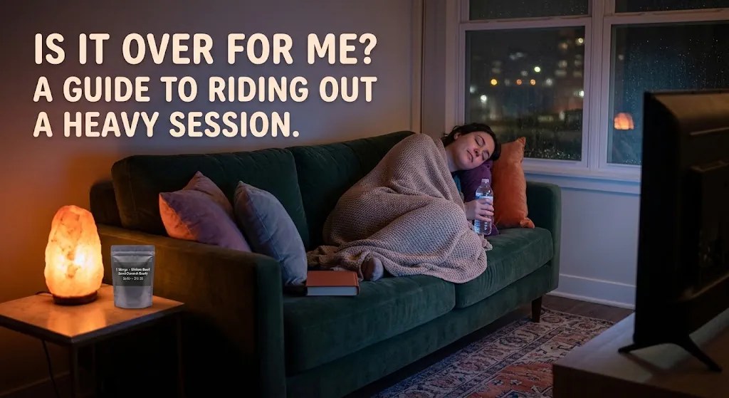 A person relaxing wrapped in a blanket on a cozy sofa watching TV with water, a salt lamp, and a calming guide blog post featured on screen.