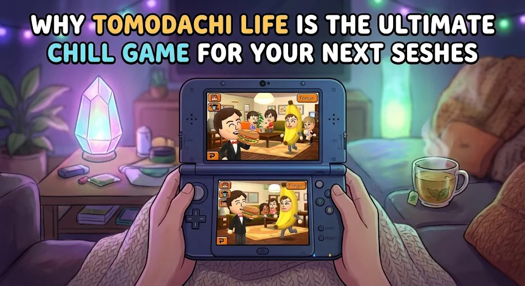 First-person view of hands holding a Nintendo 3DS playing Tomodachi Life, featuring funny Mii characters on screen, set in a cozy room with ambient purple lighting and a hot cup of tea.