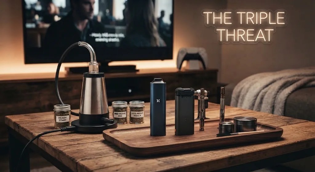 A curated collection of dry herb vaporizers, including a desktop Volcano, a portable PAX, and manual devices, arranged on a wooden tray with labeled herb jars and accessories in a cozy living room setting.