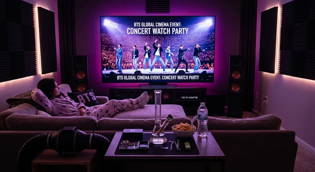 A person relaxing in an immersive home theater setup, watching the BTS Global Cinema Event concert with custom purple LED lighting, a high-fidelity sound system, and a dedicated smoking station.