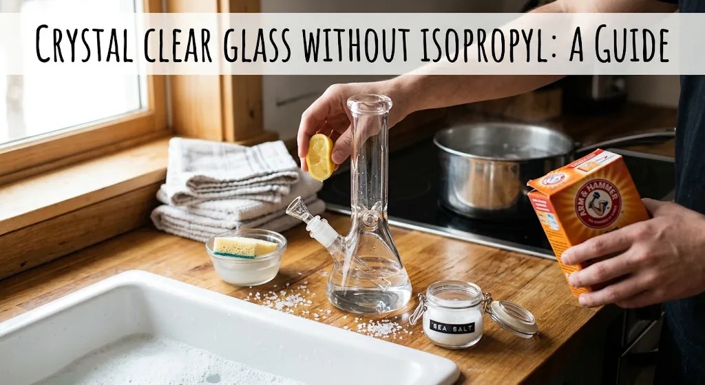 Step-by-step DIY glass piece cleaning using hot water, coarse salt, and baking soda instead of rubbing alcohol.