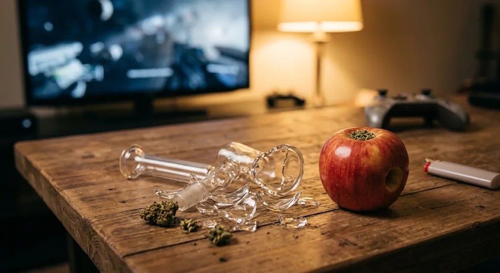 A red apple carved into an improvised smoking pipe sits on a wooden table next to broken glass shards, with a blurred TV and game controller in the background.
