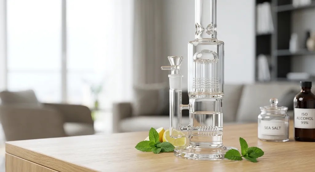 A pristine clean glass water pipe with mint and lemon on a table, next to jars of sea salt and isopropyl alcohol for cleaning.